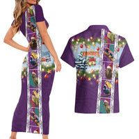 New Zealand Merry Christmas Couples Matching Short Sleeve Bodycon Dress and Hawaiian Shirt Maori Animals, Koru Tattoo - Purple Xmas Style LT03 - Polynesian Pride
