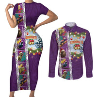 New Zealand Merry Christmas Couples Matching Short Sleeve Bodycon Dress and Long Sleeve Button Shirt Maori Animals, Koru Tattoo - Purple Xmas Style LT03 Purple - Polynesian Pride