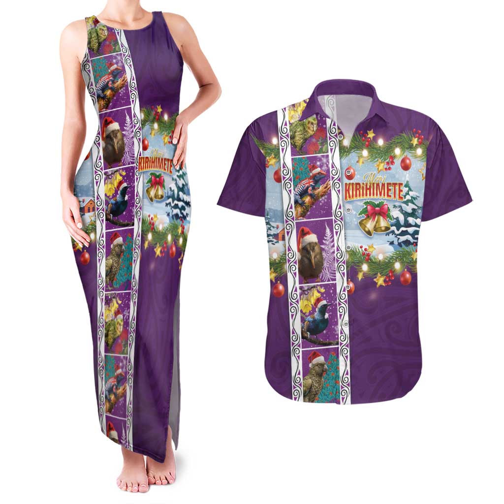 New Zealand Merry Christmas Couples Matching Tank Maxi Dress and Hawaiian Shirt Maori Animals, Koru Tattoo - Purple Xmas Style LT03 Purple - Polynesian Pride