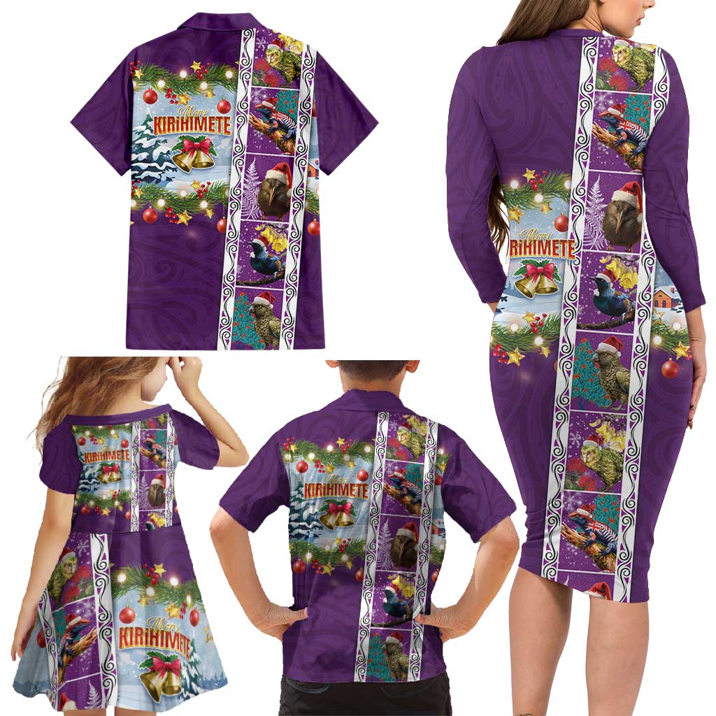 New Zealand Merry Christmas Family Matching Long Sleeve Bodycon Dress and Hawaiian Shirt Maori Animals, Koru Tattoo - Purple Xmas Style LT03 - Polynesian Pride