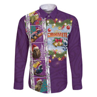New Zealand Merry Christmas Family Matching Long Sleeve Bodycon Dress and Hawaiian Shirt Maori Animals, Koru Tattoo - Purple Xmas Style LT03 Dad's Shirt - Long Sleeve Purple - Polynesian Pride