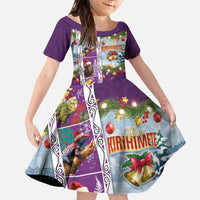 New Zealand Merry Christmas Family Matching Off The Shoulder Long Sleeve Dress and Hawaiian Shirt Maori Animals, Koru Tattoo - Purple Xmas Style LT03 Daughter's Dress Purple - Polynesian Pride