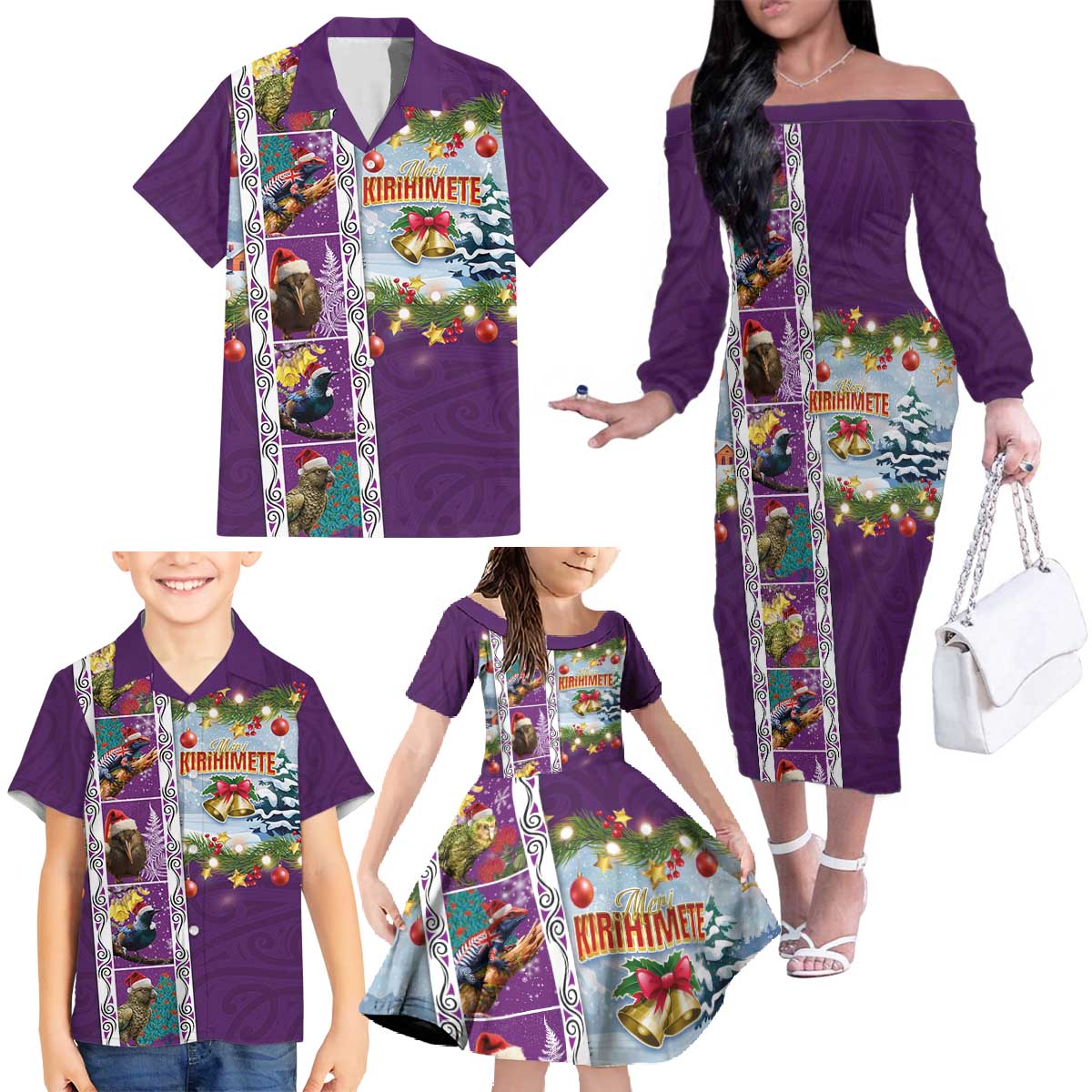 New Zealand Merry Christmas Family Matching Off The Shoulder Long Sleeve Dress and Hawaiian Shirt Maori Animals, Koru Tattoo - Purple Xmas Style LT03 - Polynesian Pride