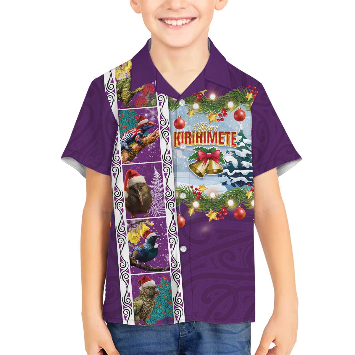 New Zealand Merry Christmas Family Matching Off The Shoulder Long Sleeve Dress and Hawaiian Shirt Maori Animals, Koru Tattoo - Purple Xmas Style LT03 Son's Shirt Purple - Polynesian Pride