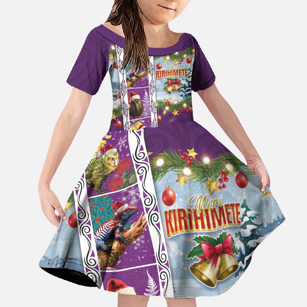 New Zealand Merry Christmas Family Matching Off Shoulder Maxi Dress and Hawaiian Shirt Maori Animals, Koru Tattoo - Purple Xmas Style LT03 Daughter's Dress Purple - Polynesian Pride