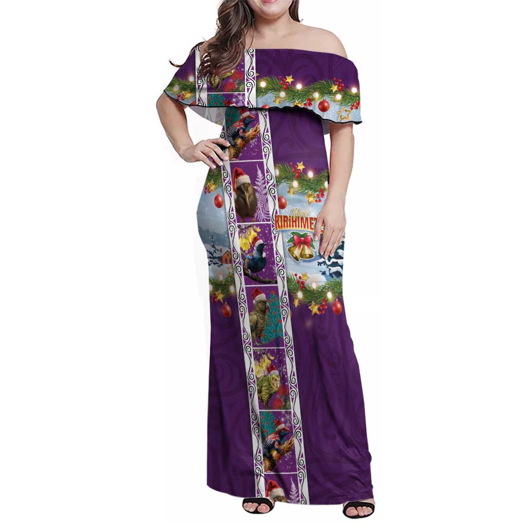 New Zealand Merry Christmas Family Matching Off Shoulder Maxi Dress and Hawaiian Shirt Maori Animals, Koru Tattoo - Purple Xmas Style LT03 Mom's Dress Purple - Polynesian Pride