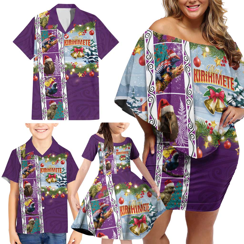 New Zealand Merry Christmas Family Matching Off Shoulder Short Dress and Hawaiian Shirt Maori Animals, Koru Tattoo - Purple Xmas Style LT03 - Polynesian Pride