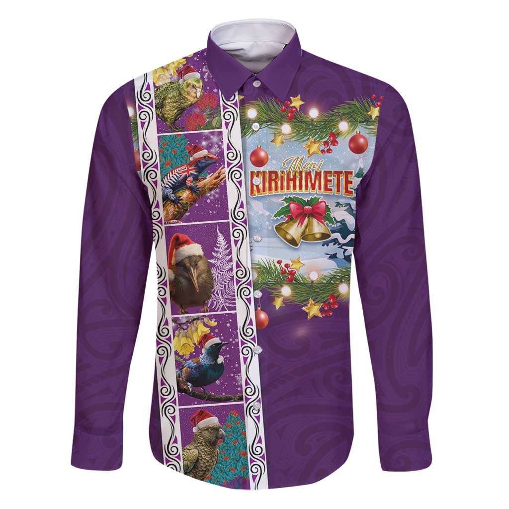 New Zealand Merry Christmas Family Matching Puletasi and Hawaiian Shirt Maori Animals, Koru Tattoo - Purple Xmas Style LT03 Dad's Shirt - Long Sleeve Purple - Polynesian Pride