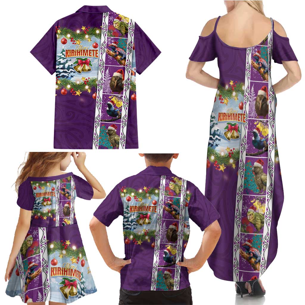New Zealand Merry Christmas Family Matching Summer Maxi Dress and Hawaiian Shirt Maori Animals, Koru Tattoo - Purple Xmas Style LT03 - Polynesian Pride