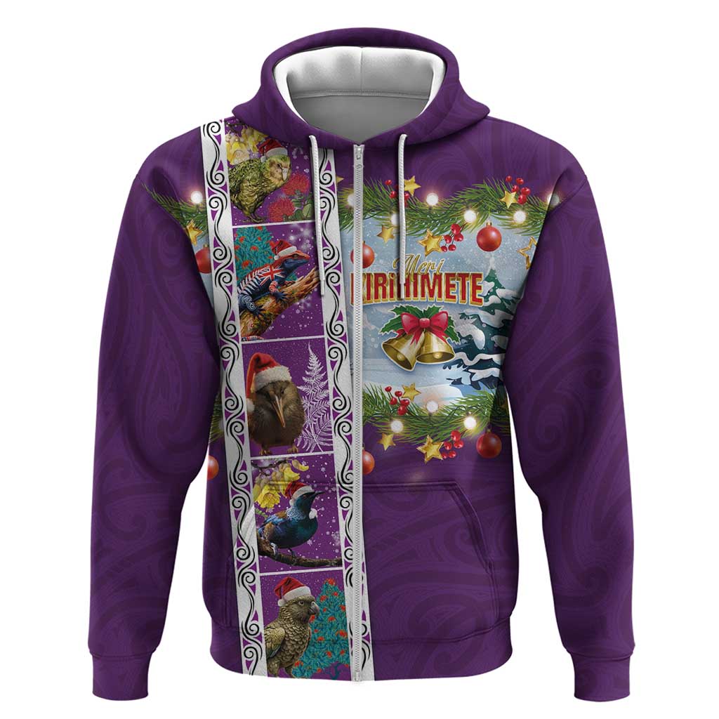 New Zealand Merry Christmas Hoodie Maori Animals, Koru Tattoo - Purple Xmas Style LT03 Zip Hoodie Purple - Polynesian Pride