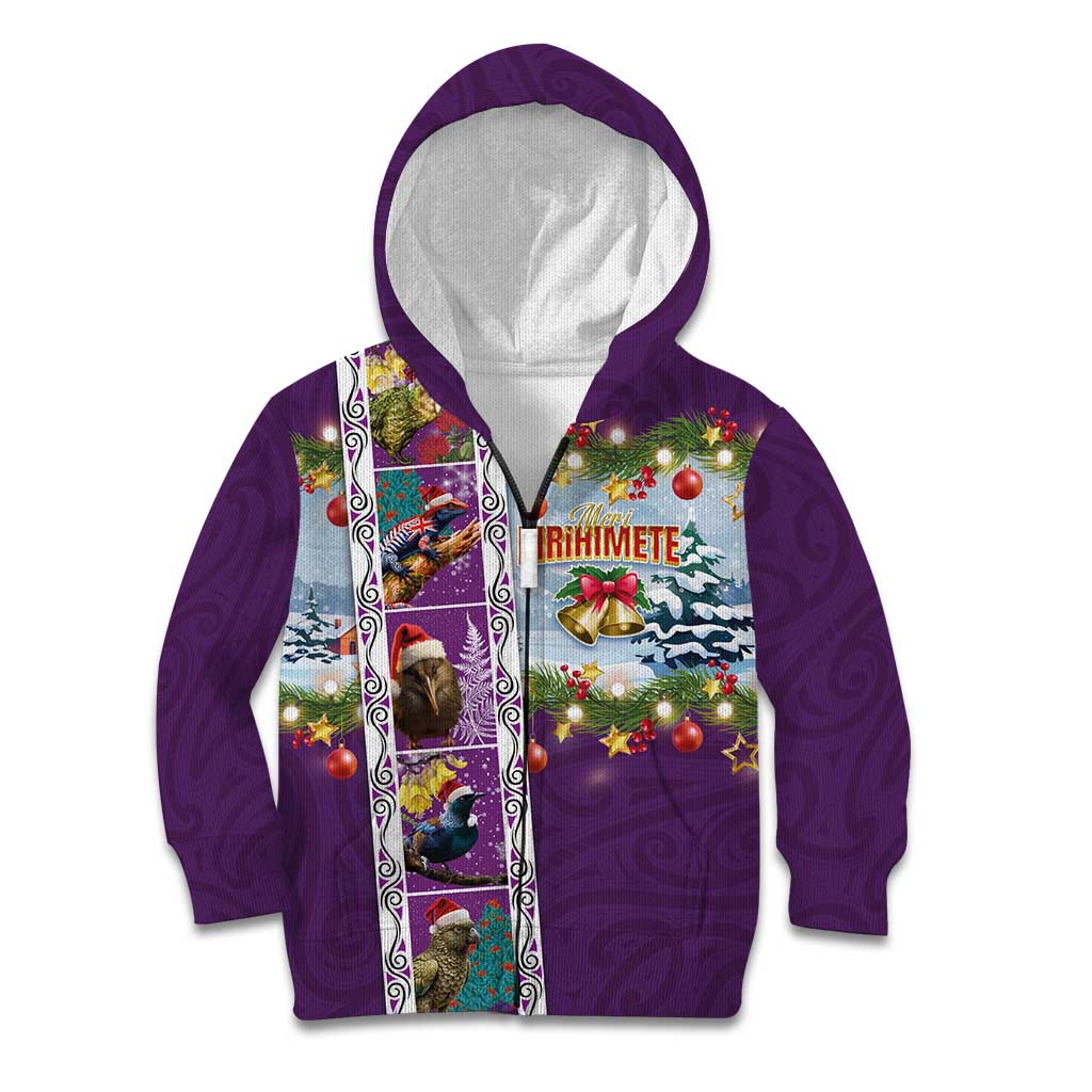 New Zealand Merry Christmas Kid Hoodie Maori Animals, Koru Tattoo - Purple Xmas Style LT03 Zip Hoodie Purple - Polynesian Pride