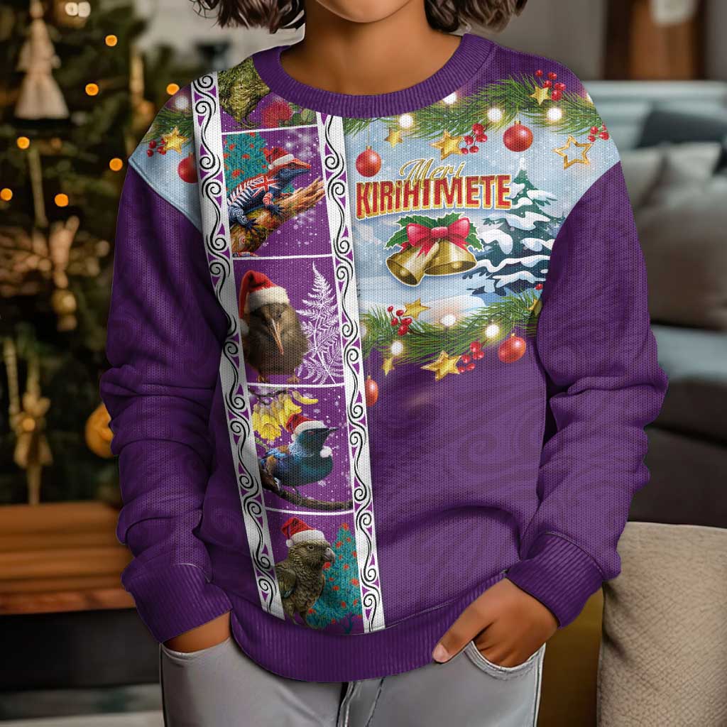New Zealand Merry Christmas Kid Ugly Christmas Sweater Maori Animals, Koru Tattoo - Purple Xmas Style LT03 - Polynesian Pride
