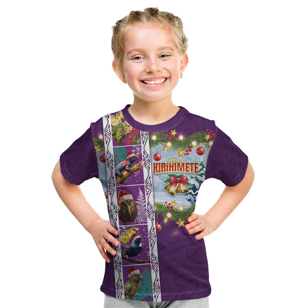 New Zealand Merry Christmas Kid T Shirt Maori Animals, Koru Tattoo - Purple Xmas Style LT03 Purple - Polynesian Pride