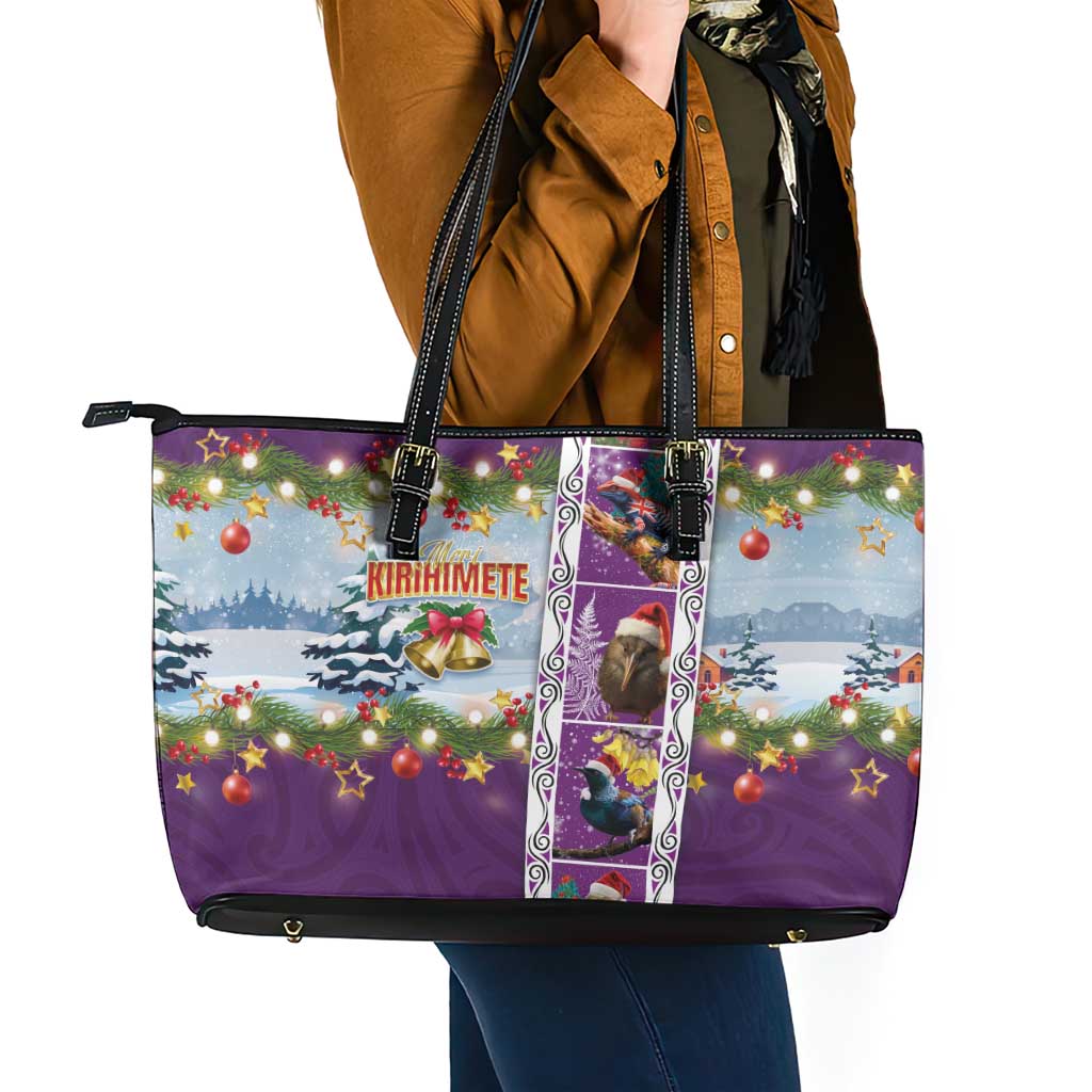 New Zealand Merry Christmas Leather Tote Bag Maori Animals, Koru Tattoo - Purple Xmas Style LT03 - Polynesian Pride