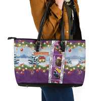 New Zealand Merry Christmas Leather Tote Bag Maori Animals, Koru Tattoo - Purple Xmas Style LT03 - Polynesian Pride