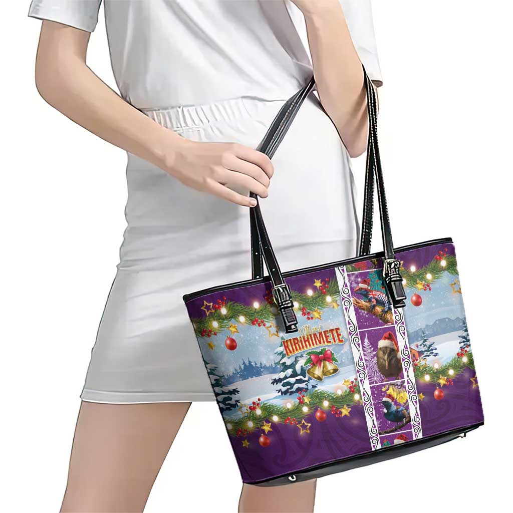 New Zealand Merry Christmas Leather Tote Bag Maori Animals, Koru Tattoo - Purple Xmas Style LT03 - Polynesian Pride