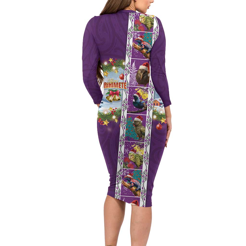 New Zealand Merry Christmas Long Sleeve Bodycon Dress Maori Animals, Koru Tattoo - Purple Xmas Style LT03 - Polynesian Pride