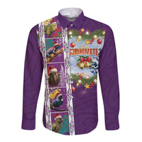 New Zealand Merry Christmas Long Sleeve Button Shirt Maori Animals, Koru Tattoo - Purple Xmas Style LT03 Unisex Purple - Polynesian Pride
