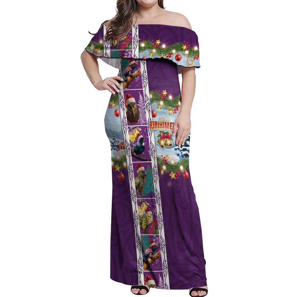 New Zealand Merry Christmas Off Shoulder Maxi Dress Maori Animals, Koru Tattoo - Purple Xmas Style LT03 Women Purple - Polynesian Pride