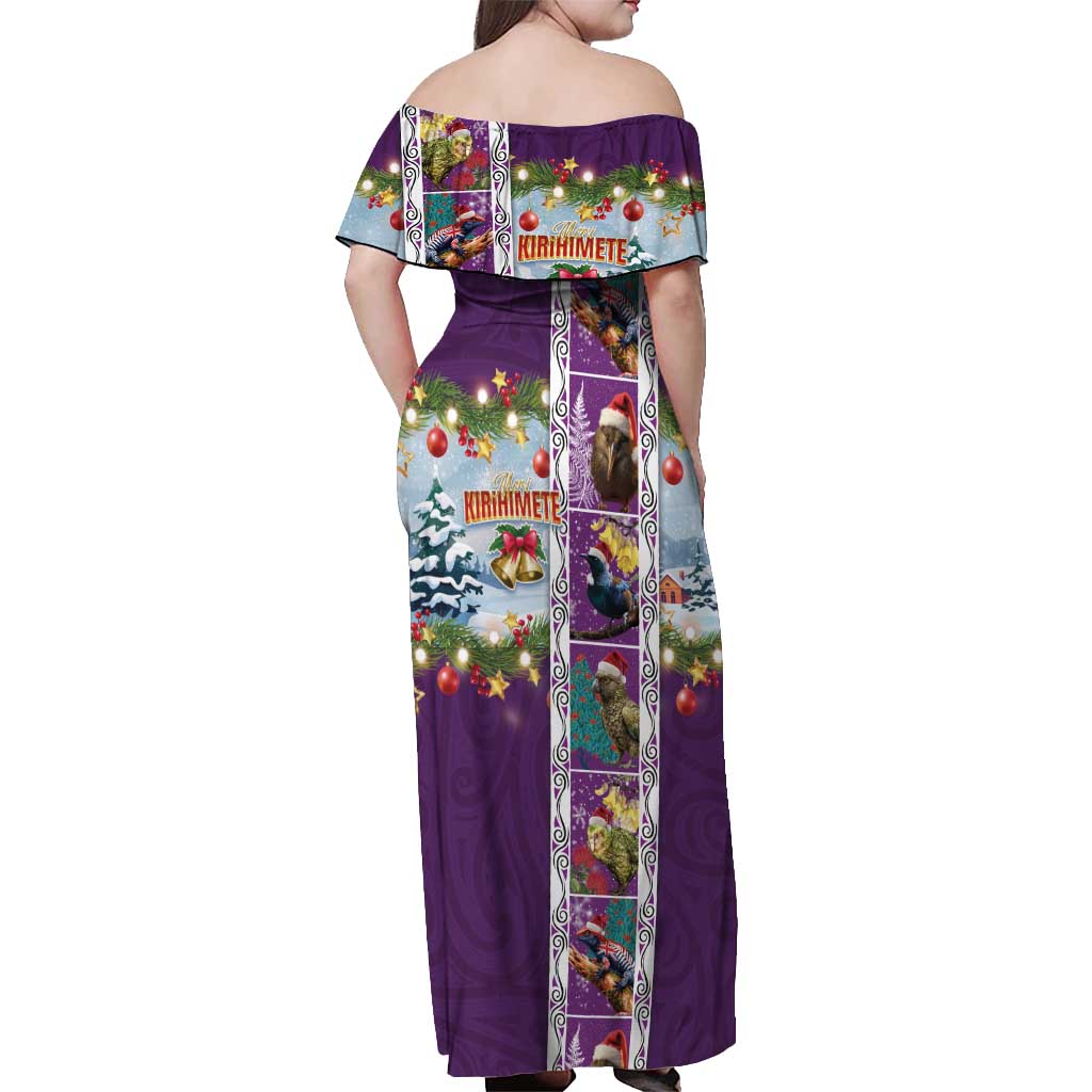 New Zealand Merry Christmas Off Shoulder Maxi Dress Maori Animals, Koru Tattoo - Purple Xmas Style LT03 - Polynesian Pride