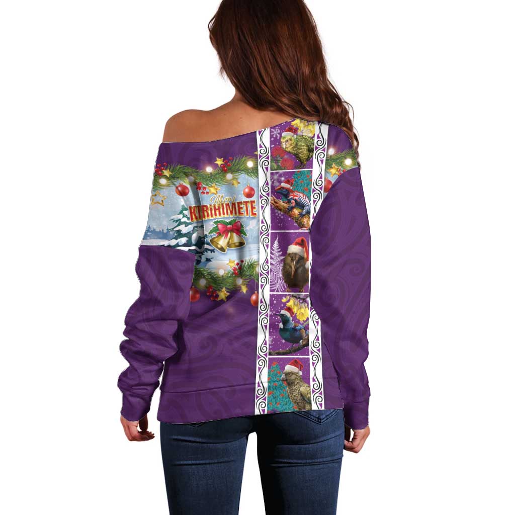 New Zealand Merry Christmas Off Shoulder Sweater Maori Animals, Koru Tattoo - Purple Xmas Style LT03 - Polynesian Pride