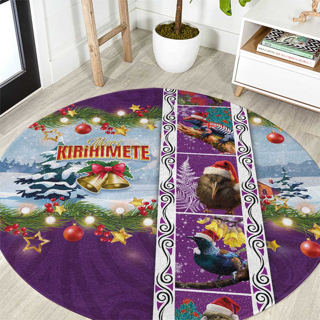 New Zealand Merry Christmas Round Carpet Maori Animals, Koru Tattoo - Purple Xmas Style LT03 Purple - Polynesian Pride