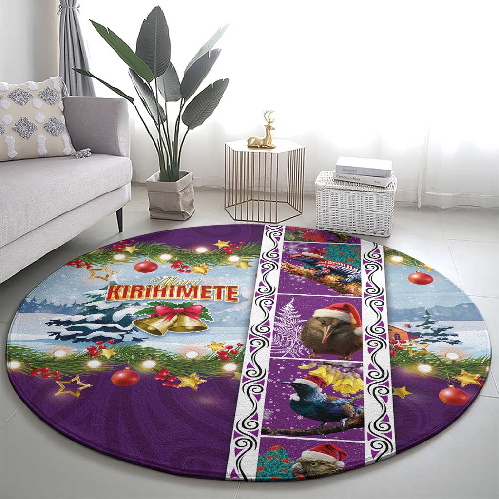 New Zealand Merry Christmas Round Carpet Maori Animals, Koru Tattoo - Purple Xmas Style LT03 - Polynesian Pride