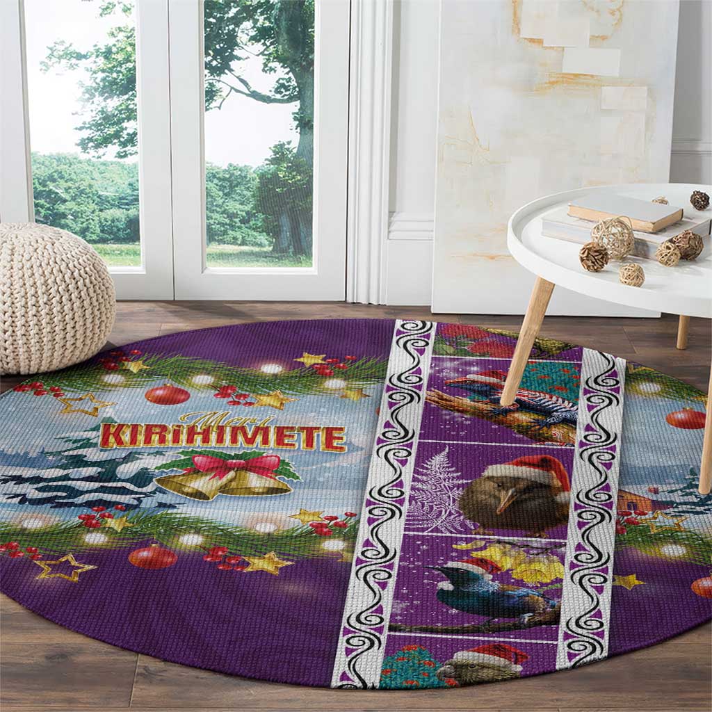 New Zealand Merry Christmas Round Carpet Maori Animals, Koru Tattoo - Purple Xmas Style LT03 - Polynesian Pride