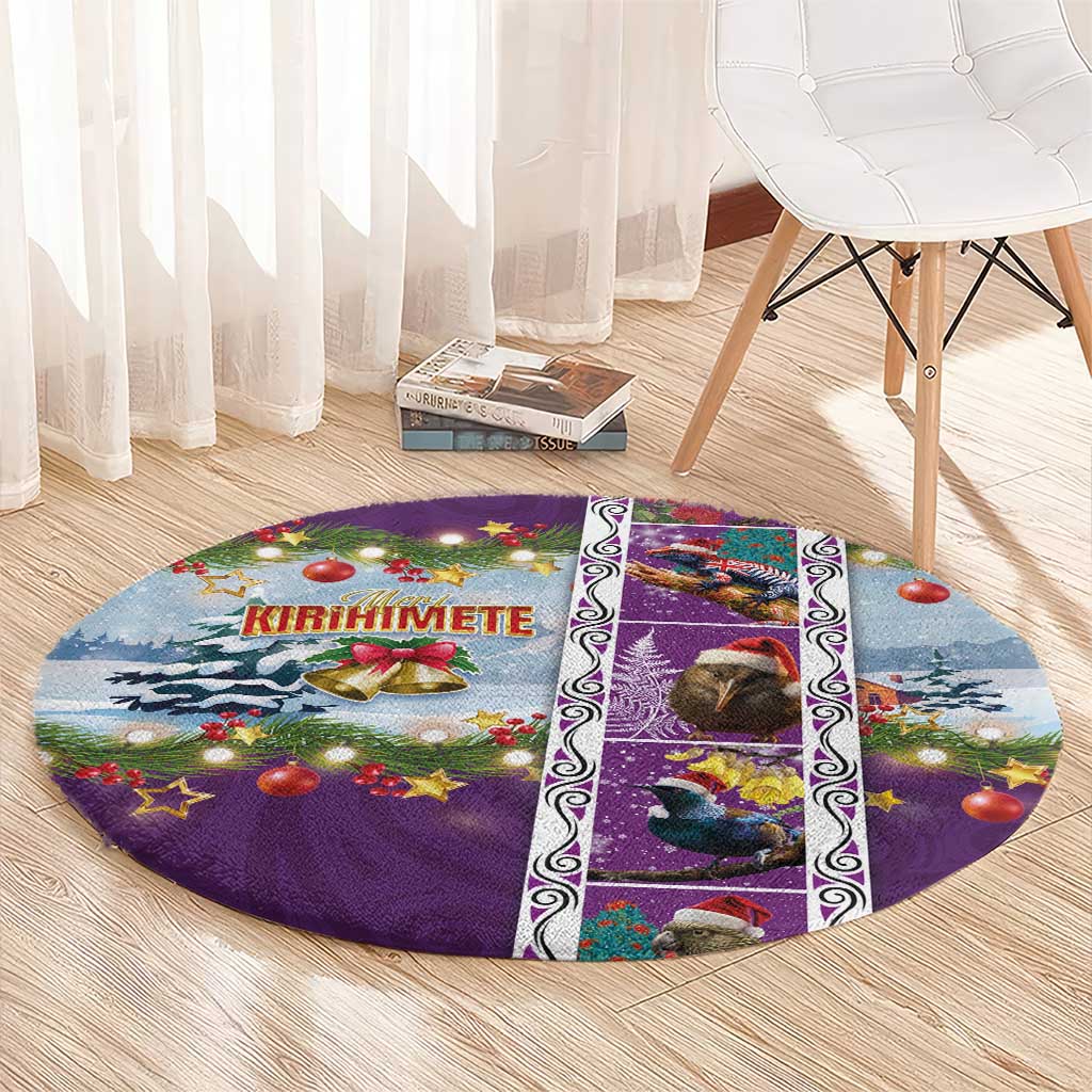 New Zealand Merry Christmas Round Carpet Maori Animals, Koru Tattoo - Purple Xmas Style LT03 - Polynesian Pride