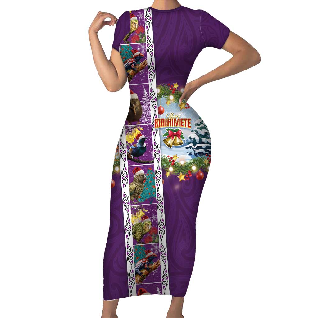 New Zealand Merry Christmas Short Sleeve Bodycon Dress Maori Animals, Koru Tattoo - Purple Xmas Style LT03 Long Dress Purple - Polynesian Pride