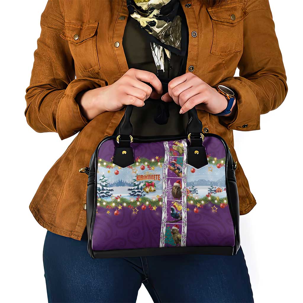 New Zealand Merry Christmas Shoulder Handbag Maori Animals, Koru Tattoo - Purple Xmas Style LT03 - Polynesian Pride