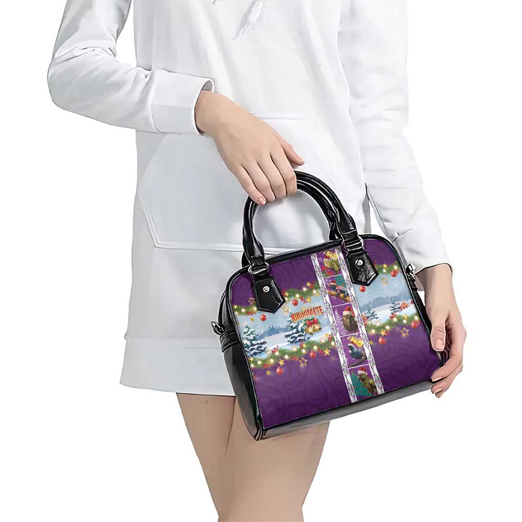 New Zealand Merry Christmas Shoulder Handbag Maori Animals, Koru Tattoo - Purple Xmas Style LT03 - Polynesian Pride