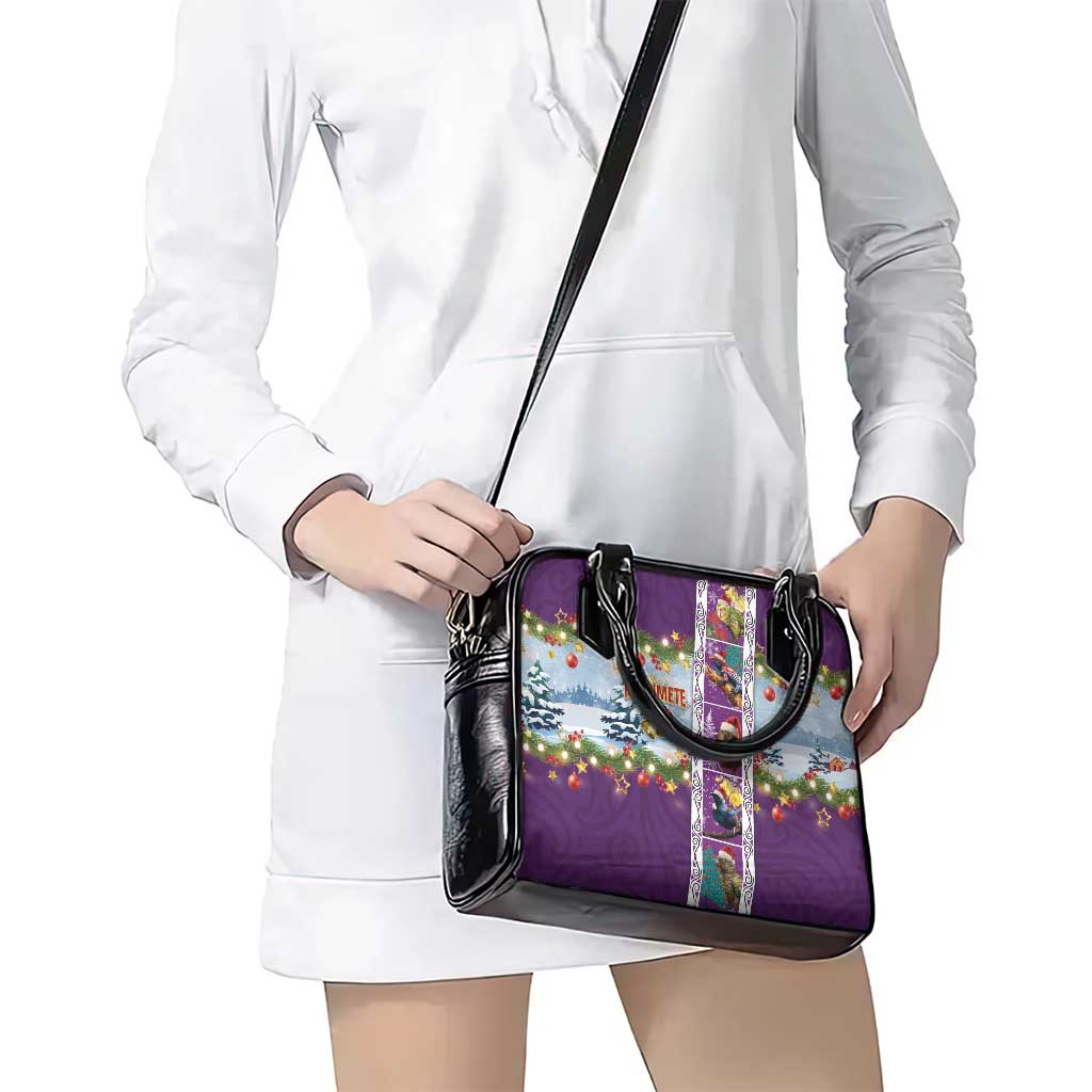 New Zealand Merry Christmas Shoulder Handbag Maori Animals, Koru Tattoo - Purple Xmas Style LT03 - Polynesian Pride