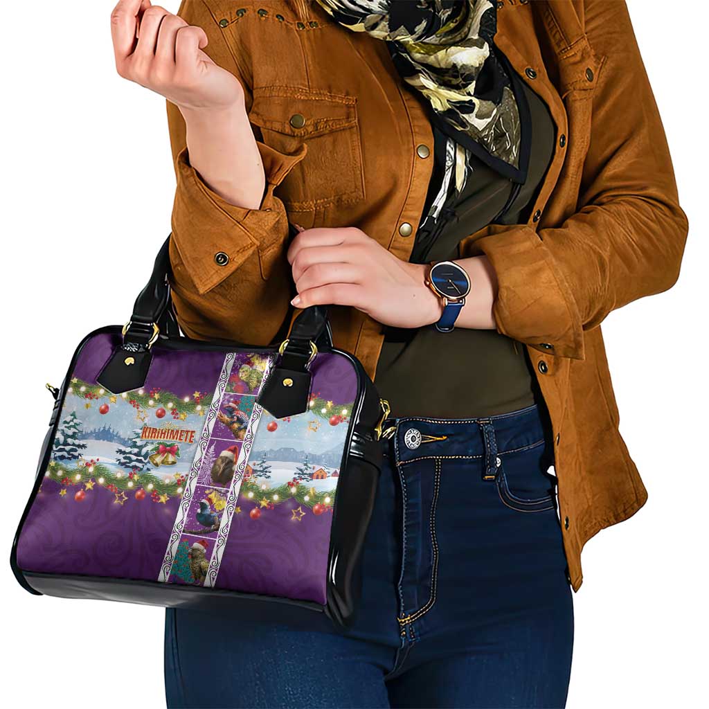 New Zealand Merry Christmas Shoulder Handbag Maori Animals, Koru Tattoo - Purple Xmas Style LT03 - Polynesian Pride