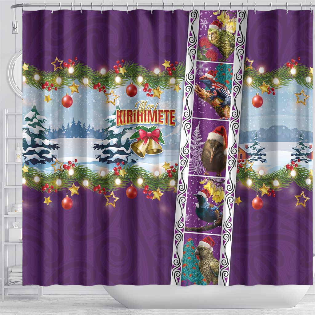 New Zealand Merry Christmas Shower Curtain Maori Animals, Koru Tattoo - Purple Xmas Style LT03 - Polynesian Pride