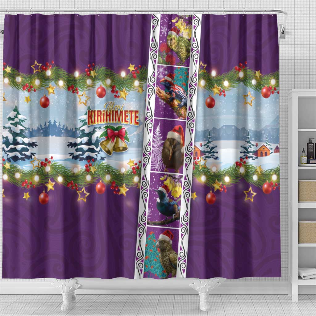 New Zealand Merry Christmas Shower Curtain Maori Animals, Koru Tattoo - Purple Xmas Style LT03 - Polynesian Pride
