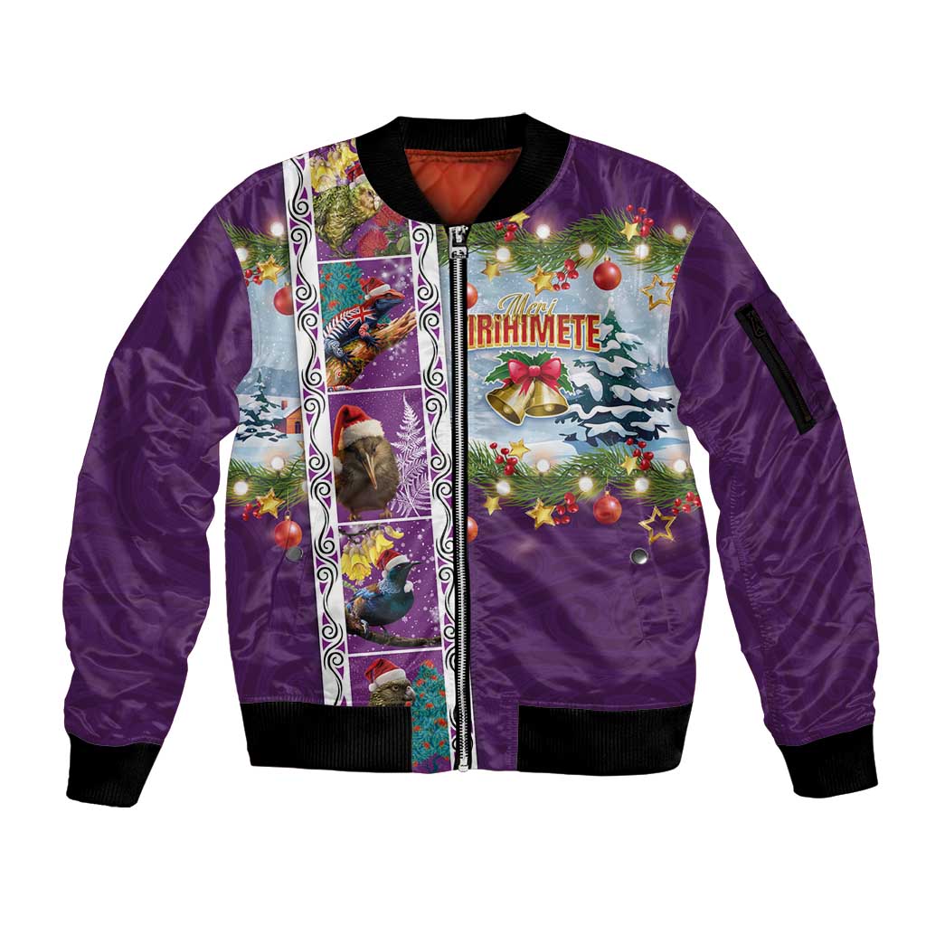 New Zealand Merry Christmas Sleeve Zip Bomber Jacket Maori Animals, Koru Tattoo - Purple Xmas Style LT03 Unisex Purple - Polynesian Pride
