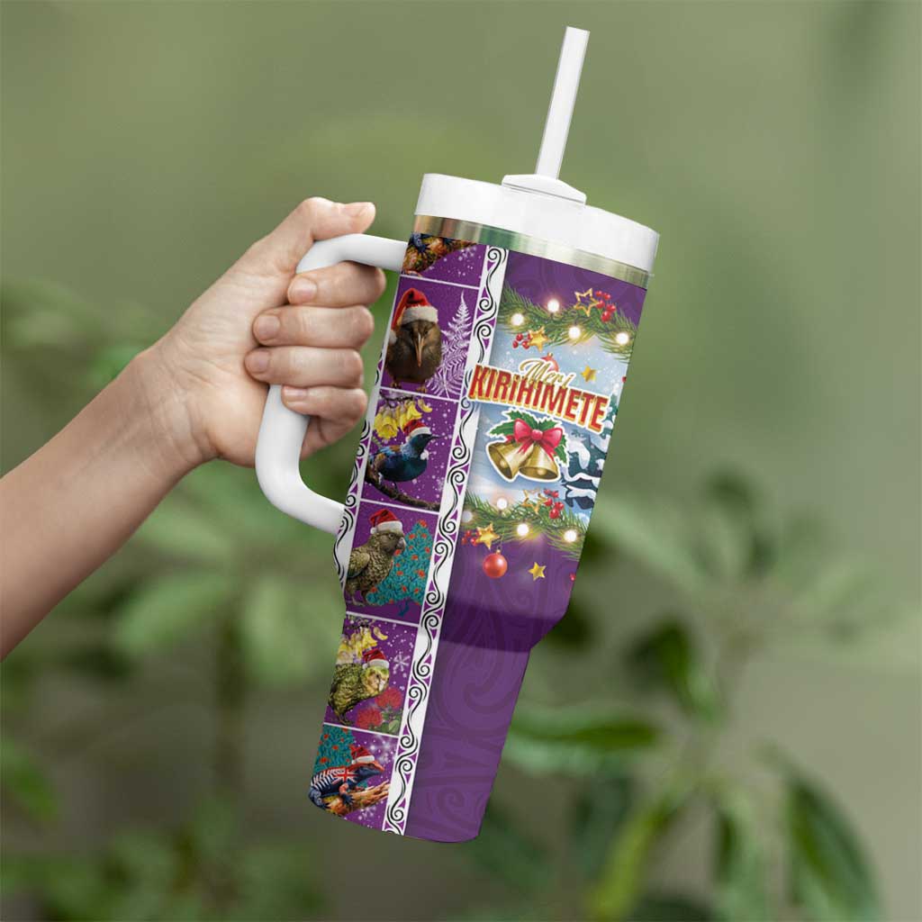New Zealand Merry Christmas Tumbler With Handle Maori Animals Xmas Style and Koru Tattoo Purple Color LT03 - Polynesian Pride