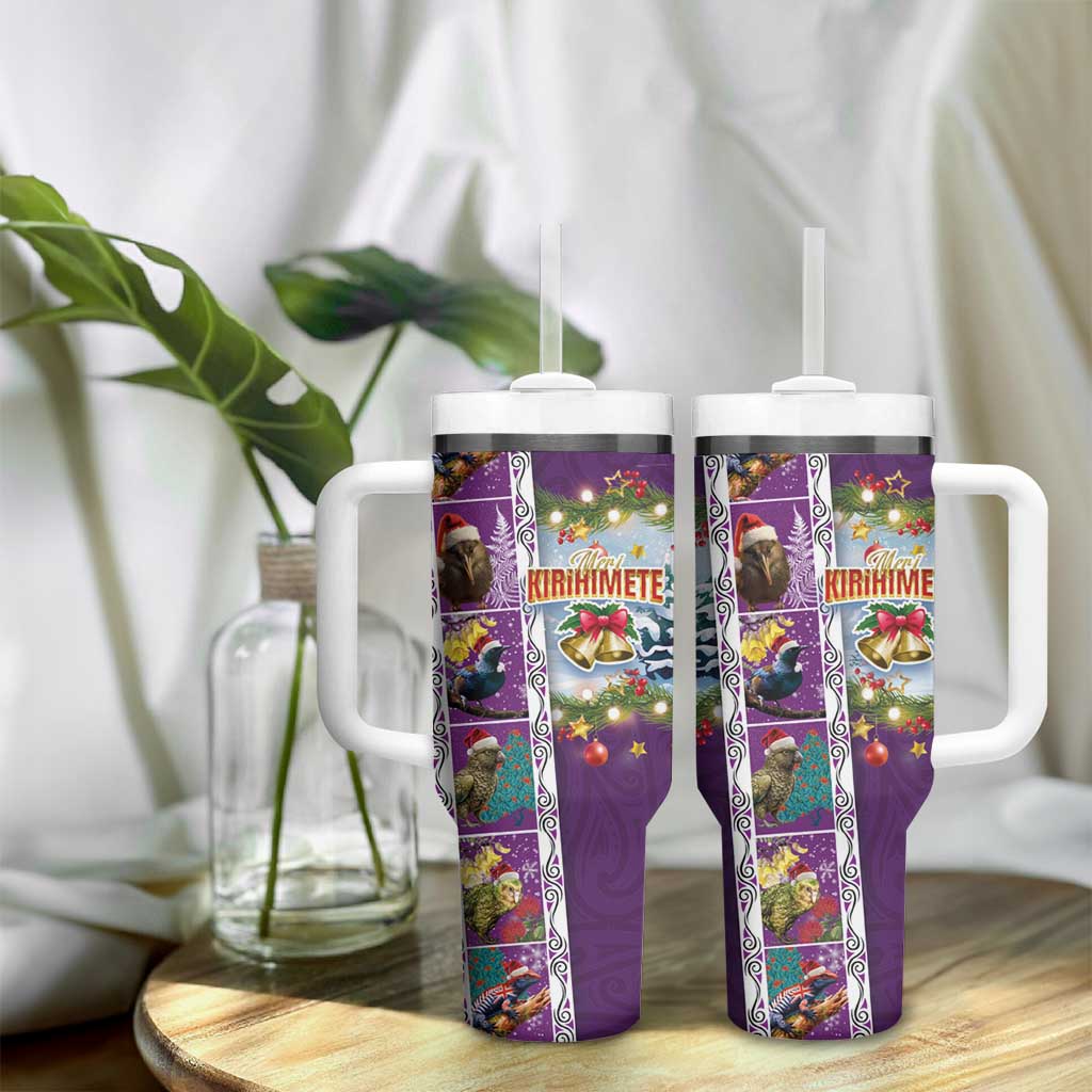 New Zealand Merry Christmas Tumbler With Handle Maori Animals Xmas Style and Koru Tattoo Purple Color LT03 - Polynesian Pride