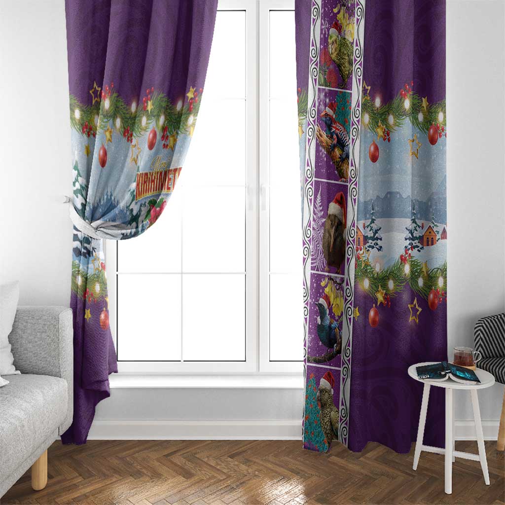 New Zealand Merry Christmas Window Curtain Maori Animals, Koru Tattoo - Purple Xmas Style LT03 - Polynesian Pride