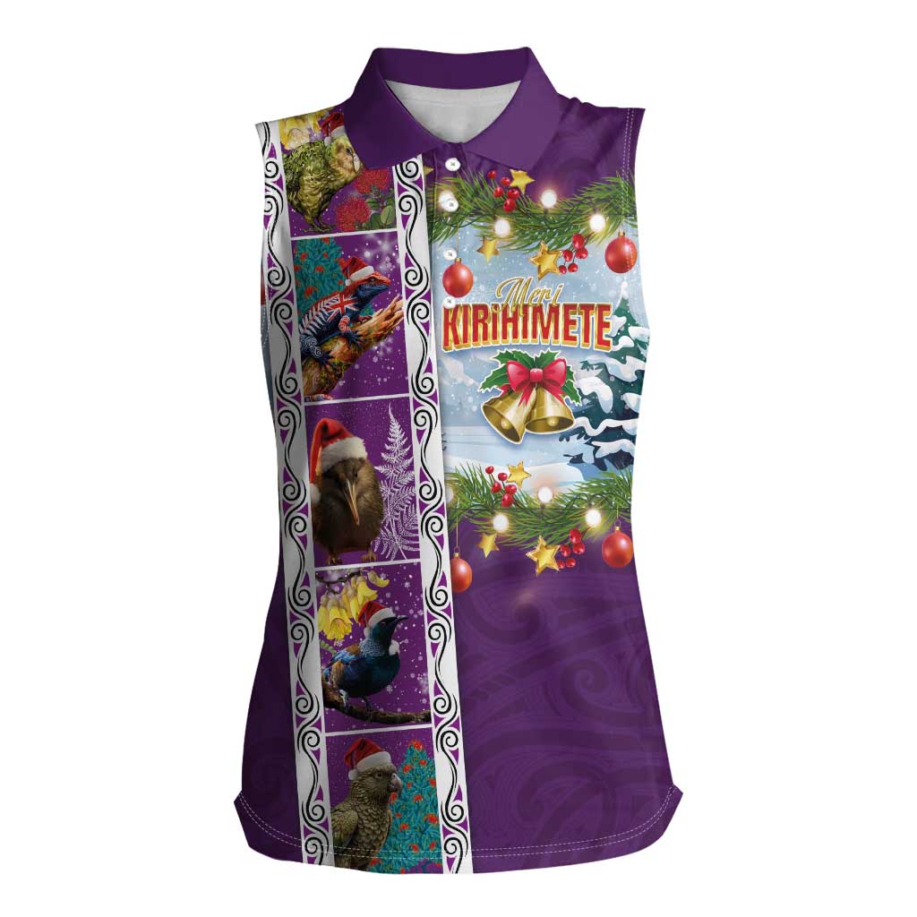 New Zealand Merry Christmas Women Sleeveless Polo Shirt Maori Animals, Koru Tattoo - Purple Xmas Style LT03 Female Purple - Polynesian Pride