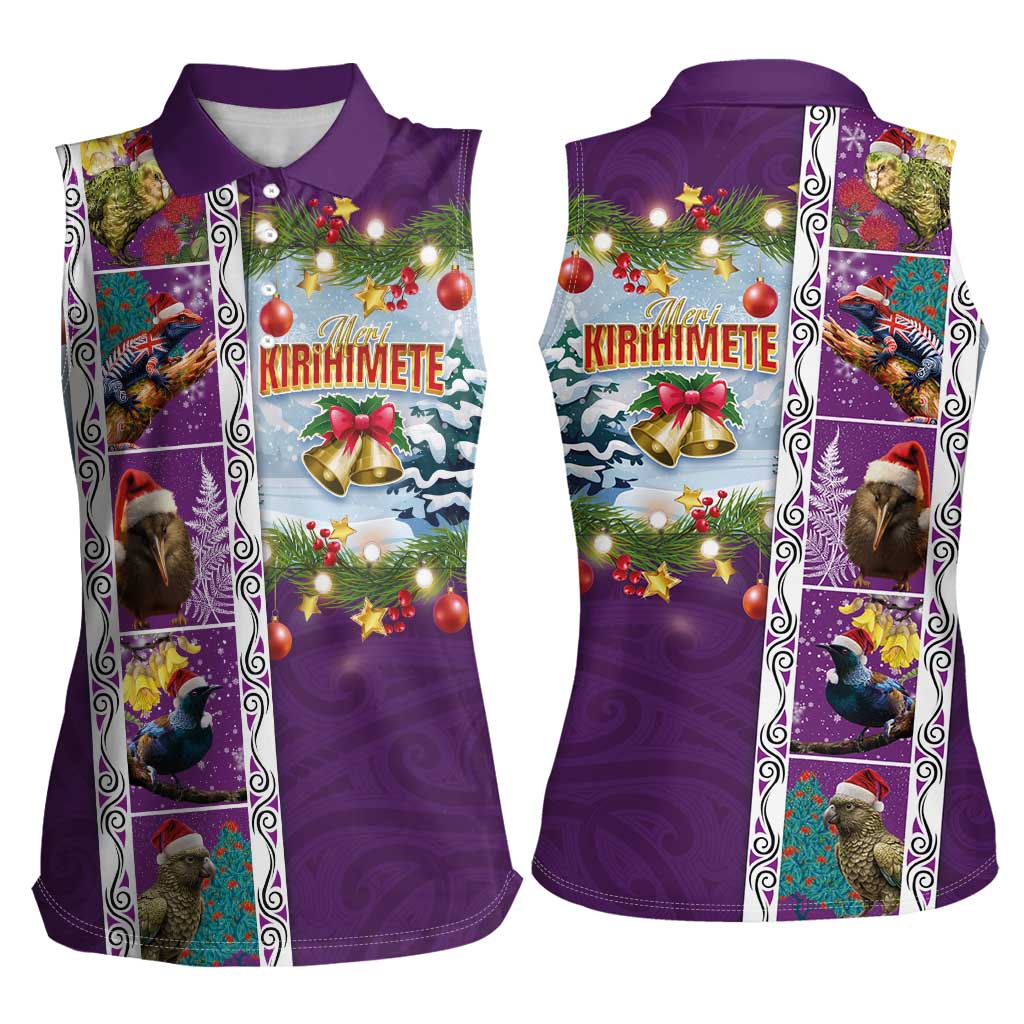 New Zealand Merry Christmas Women Sleeveless Polo Shirt Maori Animals, Koru Tattoo - Purple Xmas Style LT03 - Polynesian Pride