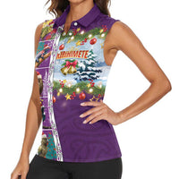 New Zealand Merry Christmas Women Sleeveless Polo Shirt Maori Animals, Koru Tattoo - Purple Xmas Style LT03 - Polynesian Pride