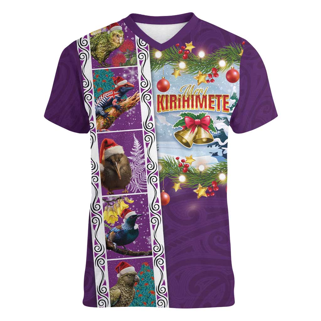 New Zealand Merry Christmas Women V-Neck T-Shirt Maori Animals, Koru Tattoo - Purple Xmas Style LT03 Female Purple - Polynesian Pride