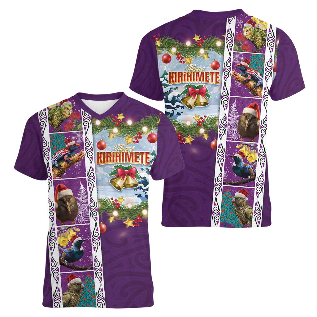 New Zealand Merry Christmas Women V-Neck T-Shirt Maori Animals, Koru Tattoo - Purple Xmas Style LT03 - Polynesian Pride