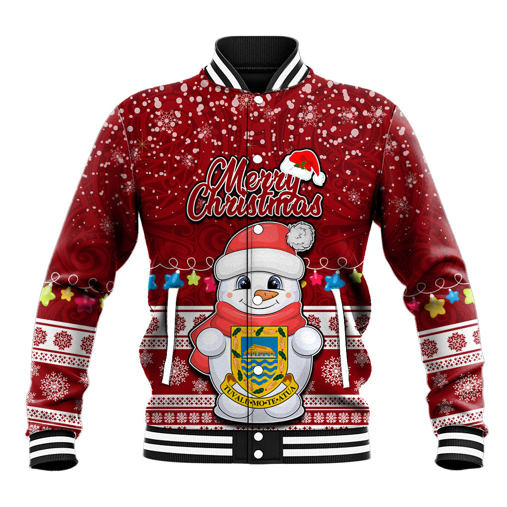 Tuvalu Christmas Baseball Jacket Snowman and Tuvalu Coat of Arms Maori Tribal Xmas Style LT03 Unisex Red - Polynesian Pride