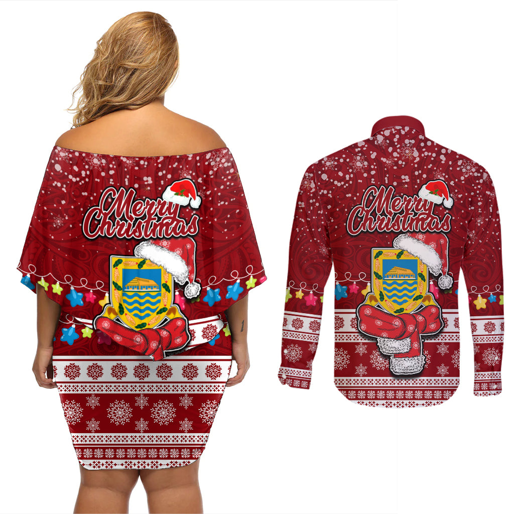 Tuvalu Christmas Couples Matching Off Shoulder Short Dress and Long Sleeve Button Shirt Snowman and Tuvalu Coat of Arms Maori Tribal Xmas Style LT03 - Polynesian Pride
