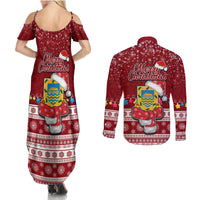 Tuvalu Christmas Couples Matching Summer Maxi Dress and Long Sleeve Button Shirt Snowman and Tuvalu Coat of Arms Maori Tribal Xmas Style LT03 - Polynesian Pride