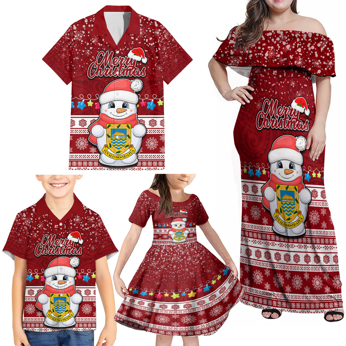 Tuvalu Christmas Family Matching Off Shoulder Maxi Dress and Hawaiian Shirt Snowman and Tuvalu Coat of Arms Maori Tribal Xmas Style LT03 - Polynesian Pride