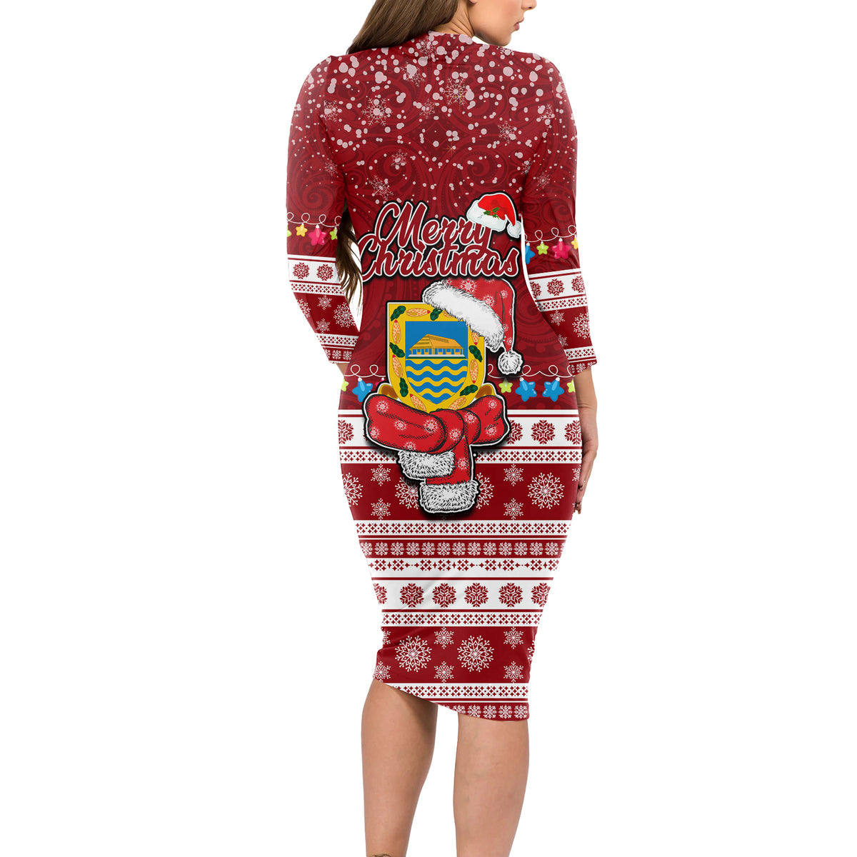 Tuvalu Christmas Long Sleeve Bodycon Dress Snowman and Tuvalu Coat of Arms Maori Tribal Xmas Style LT03 - Polynesian Pride